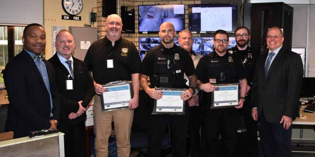 l to r) Associate Medical Center Director Rickey Harris, Chief of Police Kevin Kleckner, Police Dispatcher John Semple, Police Officer Dominick Lisek, Deputy Chief Brian Copley, Police Officer Adel Sulejmanovic, Police Officer Matthew Cherry, Medical Center Director John Gennaro.